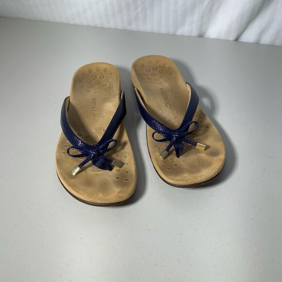 Vionic Bella Navy Blue Patent Leather Flip Flop Sandals Women’s Size 10 Lizard - Picture 1 of 7